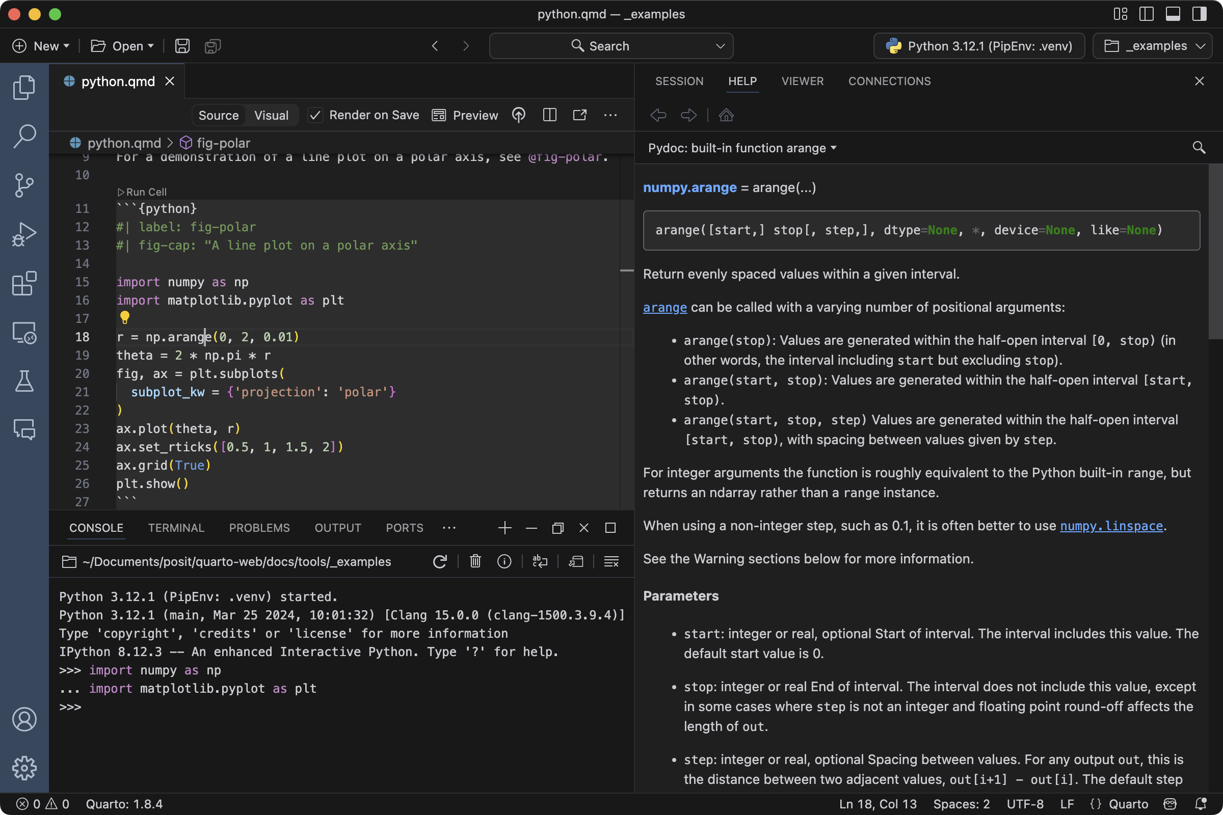 Screen shot of Positron editor with two vertical sections. The left section includes the source code for a quarto file with python code, and the active Python Console. The right shows the Help pane with the help for `np.arange` displayed.